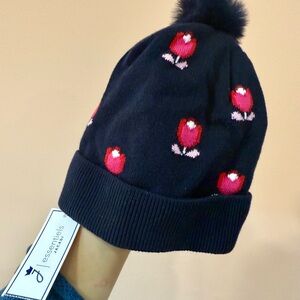 Jacadi Paris Bonnet Olympia - Kids' Black and Red Tulip Pom-Pom Beanie
